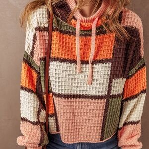 B173 Orange Color Block Waffle Knit Drawstring Mock Neck Sweater